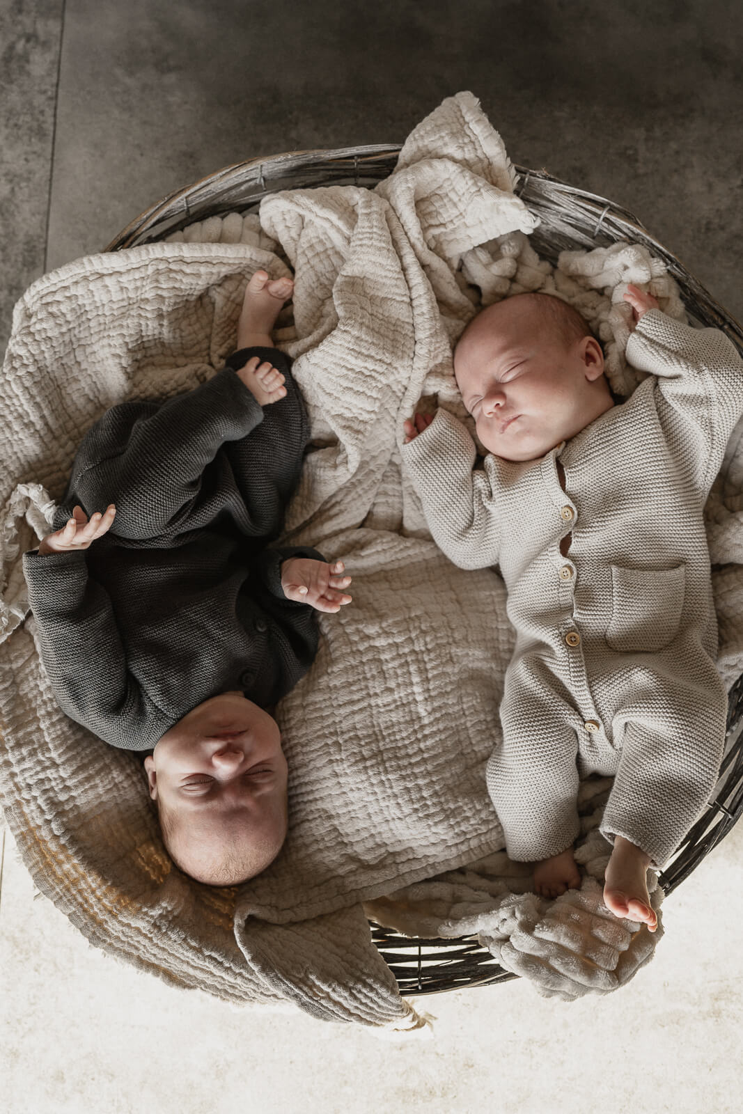 zwillinge liegen in einem Korb und schlafen